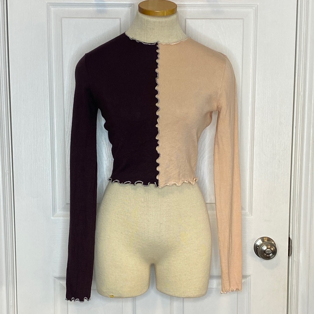 Twik Y2K Style Brown Pink Long Sleeve Crop Top Colorblock Petite Small - Picture 3 of 17